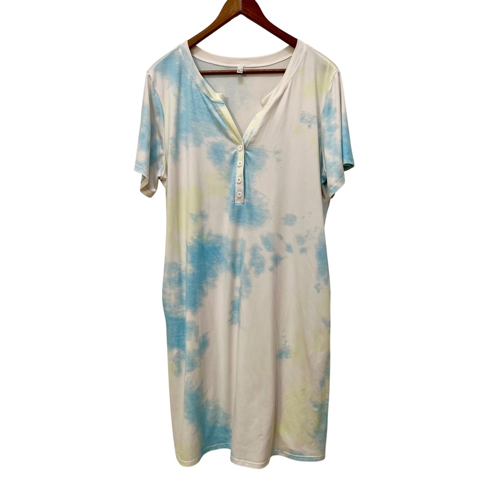 Ekouaer Women XL Blue Tie Dye Henley Short Sleeve Nightgown Pockets Jersey Soft